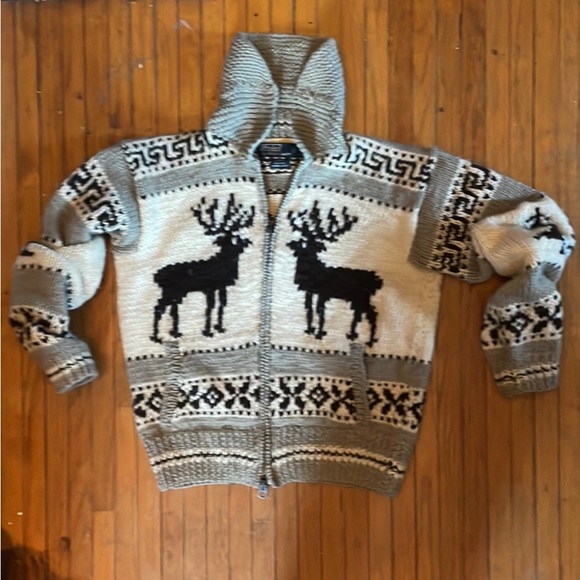 Vintage Ralph Lauren reindeer and pine tree motif bomber sweater, size small - Picture 1 of 9
